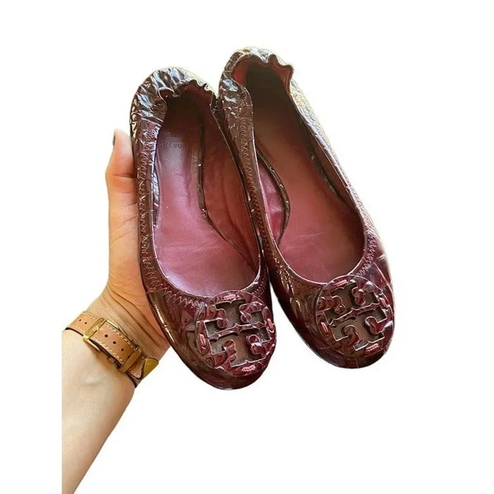 Tory Burch Minnie Travel Ballet Leather Burgundy Womens Casual US 6 M Slip Ons